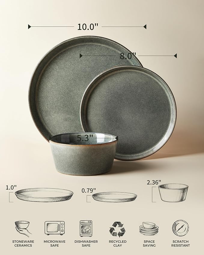 Pokini Dinnerware Sets, Microwave Safe Plates and Bowls Sets, Dishes Set for 4, Chip & Scratch Resistant Dinner Set, Reactive Glazed Farmhouse Dishware Sets, Green Wheat