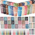 Skylety 24 Set/96 Pcs Employee Christmas Inspirational Gifts 16oz Plastic Cups Thank You Mini Spiral Notebooks Ballpoint Pens Keychains Bulk Motivational Gifts for Women Coworker Staff (Morandi Color)