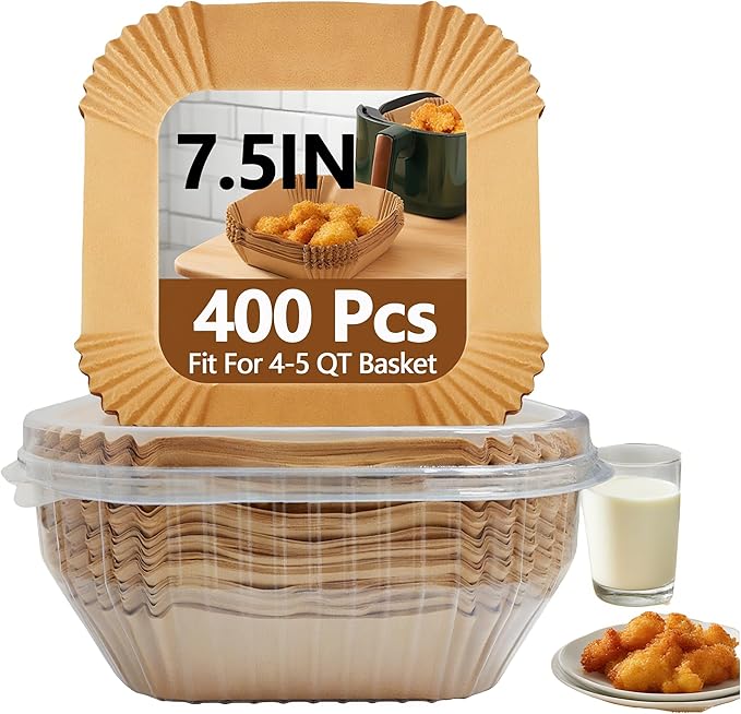 7.5 Inch Air Fryer Liner Disposable, 400PCS Air Fryer Paper Liners, Oil-Proof & High-Temperature Resistant Parchment Baking Paper for Air Fryer, Microwave and Oven（Bottom Is 6.3 Inch）