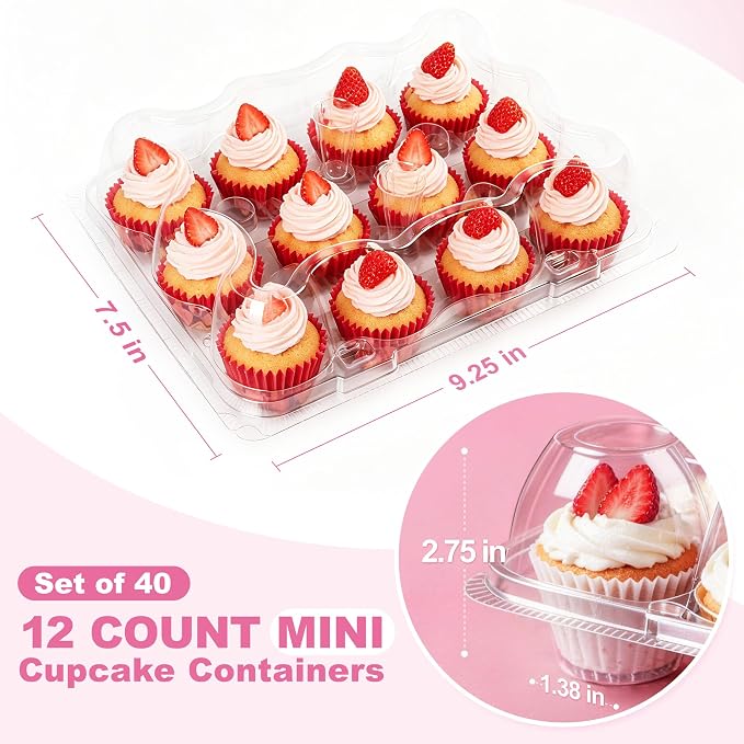 LotFancy (12 Count x 40 Sets) Mini Cupcake Containers with 480 Liners, Clear Plastic Cupcake Boxes Holders, Dozen Disposable Cupcake Carriers with Detachable Lid