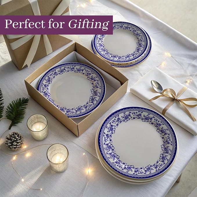 TUDOR ROYAL 12-Piece Round Porcelain Dinnerware Set, Service for 4 - Aster BLUE Design, Multicolor Floral, Plates Bowls Mugs Dishes, Premium Quality Tableware, Unique Pattern, Glossy
