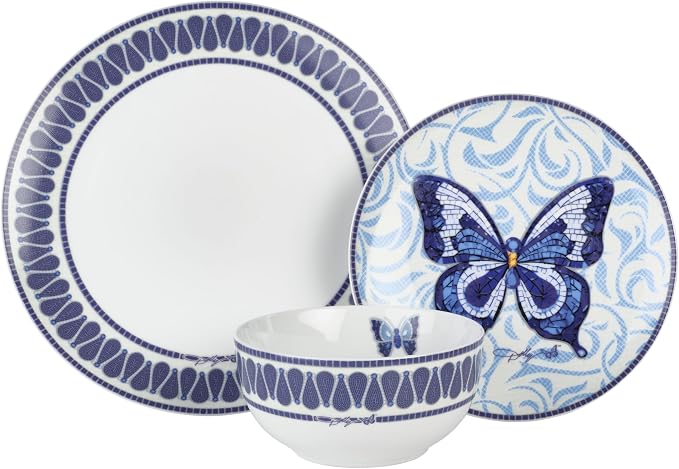 Dolly Parton 12 Piece Jeweled Mosaic Blue Butterfly Dinnerware Set Porcelain Dinner Plates Salad Plates Bowls, Service for 4, Microwave Dishwasher Safe