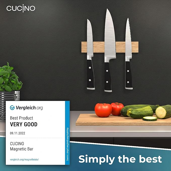 CUCINO Magnetic Knife Holder for wall, 10" no drilling required, includes self-adhesive tape, extra strong for holding knives – Awarded magnet strip – Oak