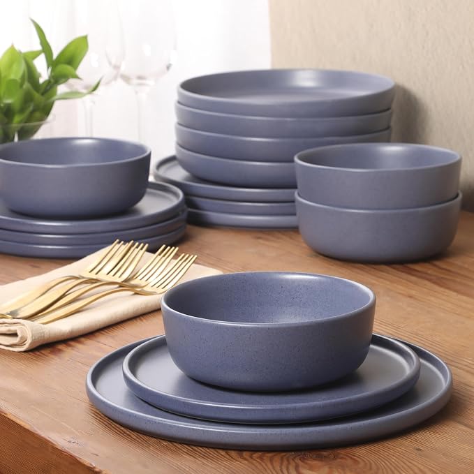 Gibson Elite Bayou Moon Plates and Bowls Sets, 16-Piece Blue Matte Stoneware Dinnerware Sets, Solid Color Reactive Glaze Dish Set