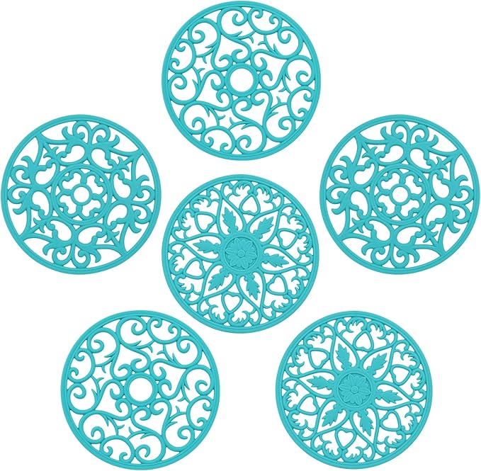 Silicone Trivet Mat-Trivets for Hot Dishes, Table, Countertop, Non-Slip Heat Resistant Modern Kitchen Pads, Teapot Trivet-Flexible Round Mat, Multi-Use Intricately Carved Trivets of 6 Teal Blue