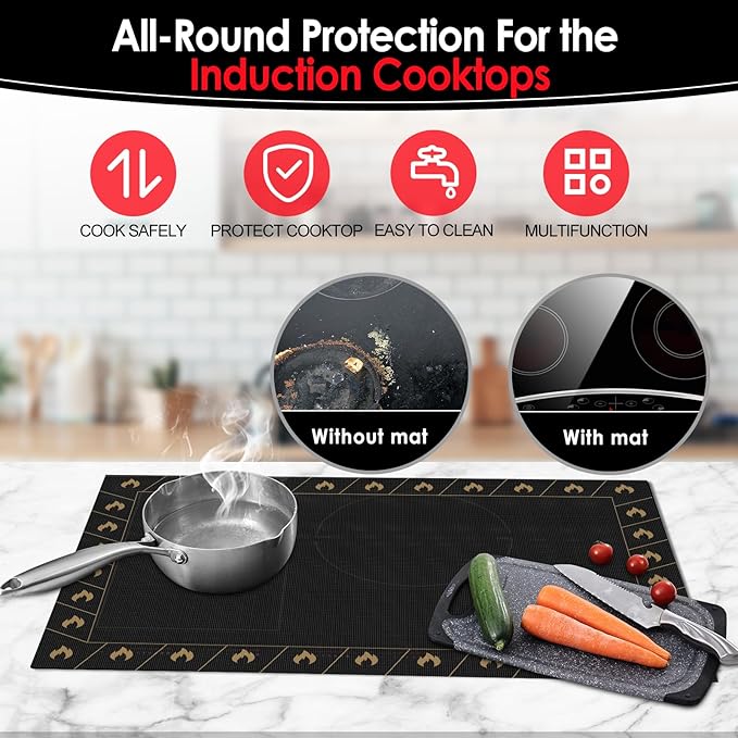KitchenRaku Large Induction Cooktop Protector Mat 20.4 x 30.7 inch, Translucent (Magnetic) Electric Stove Burner Covers Antiscratch as Glass Top Stove Cover or Electric Stove Top (Flame Pattern)