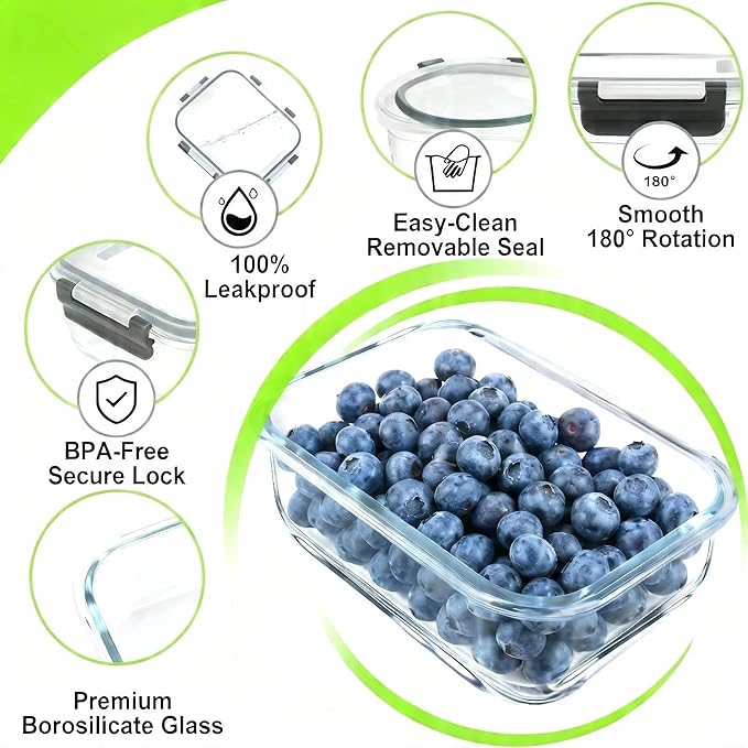 Glass Food Storage Containers with Lids, 1, 2 & 3 Compartment Meal Prep Set, 35 oz, Leakproof, BPA-Free, Oven & Freezer Safe, 6 Piece