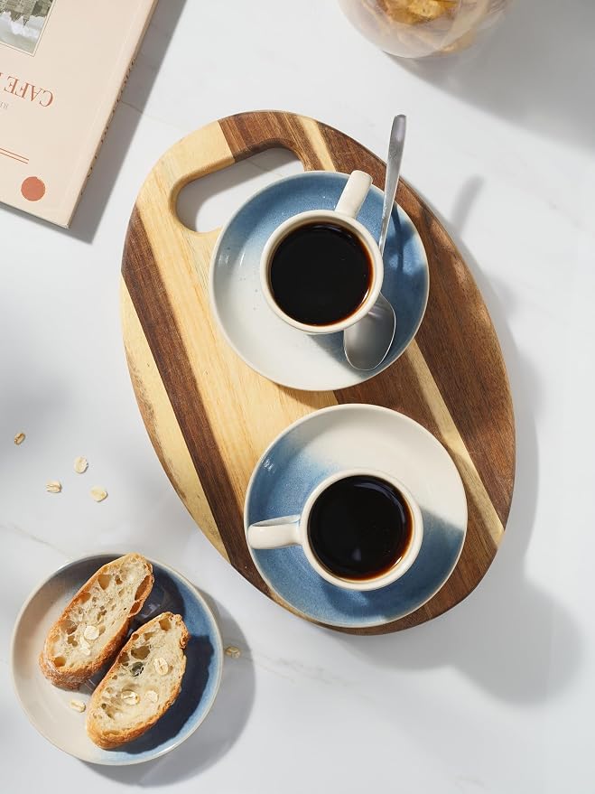 famiware Glacier Espresso Cups with Saucers Set of 4, 3oz Espresso Cup Set, Coffee Mug Set for Latte, Macchiato, Stoneware Demitasse Cups Set for Cafe, Microwave&Dishwasher Safe, Azure Blue