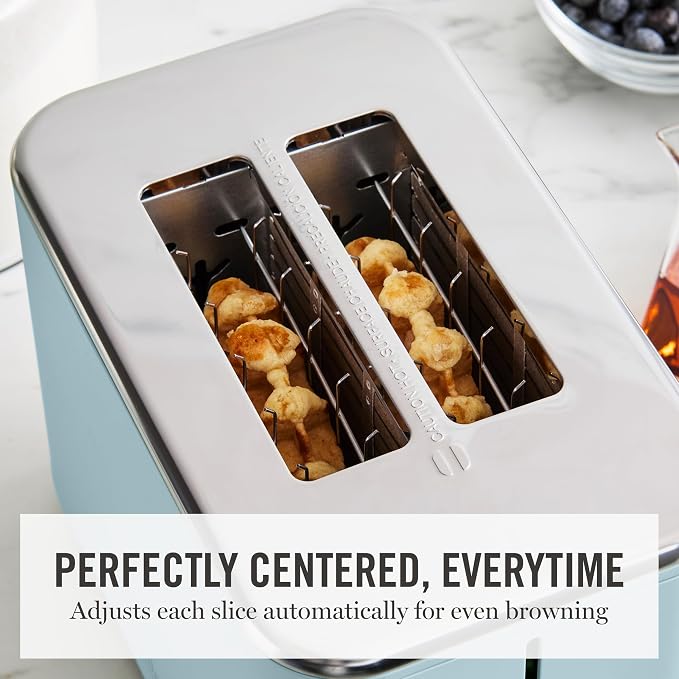 Martha Stewart 2 Slice Toaster, 10 Shade Settings with Defrost, Cancel, Bagel & Gluten-Free, Extra-Wide Self-Centering Slots for Waffles & Artisan Bread, Removable Crumb Tray, Cord Wrap, Sky Blue