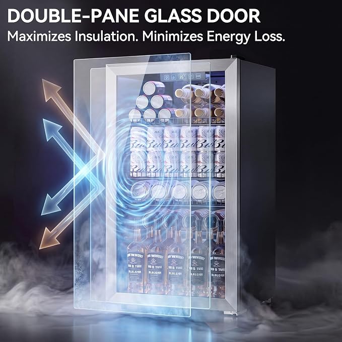 Tehanld 3.2 Cu.Ft Beverage Fridge, Mini Fridge With Glass Door, Beverage Cooler Refrigerator, Wine Drink Beer Fridge, Adjustable Shelves & Digital Temperature Display, 26 Bottle 128 Can, Silver