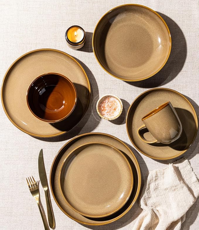LERATIO Ceramic Dinnerware Sets for 4, 12 Pieces Ceramic Plates and Bowls Sets, Scratch Resistant Dish Set, Oven, Microwave & Dishwasher Safe- Chestnut