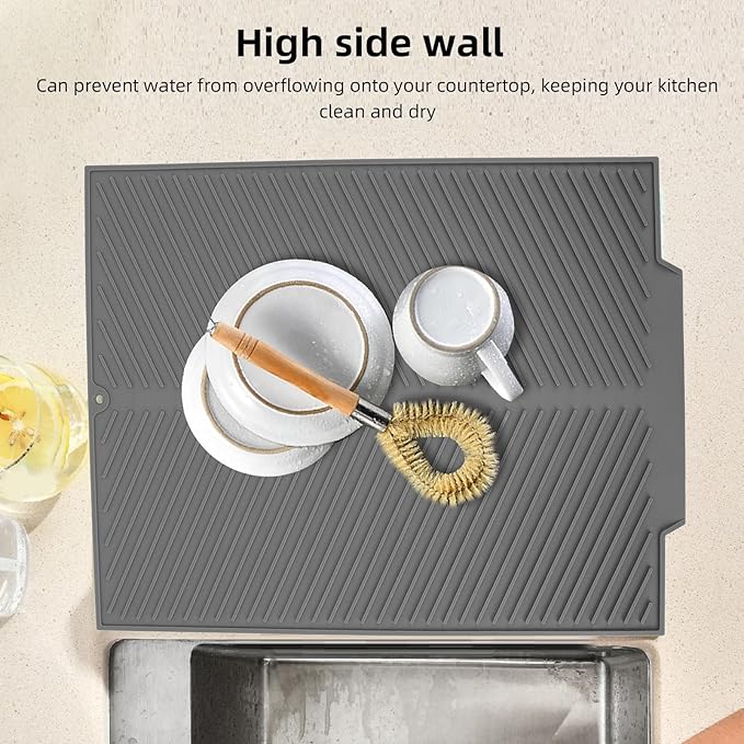 Draining Board Mat, Non Slip Silicone Dish Drying Mat Flume Drain Board Drainer Mat for Kitchen Countertop Tabletop Accessories (Gray)
