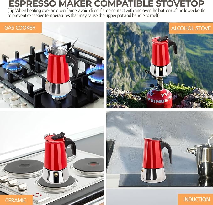 2 Cup 100ml Moka Pot Stainless Steel Espresso Coffee Maker Stovetop Coffeemaker Italian Classic Style Brewing Greca Cafe Mocha Machine for Cafeteras Lover Camping Travel and Home Use 3.3oz