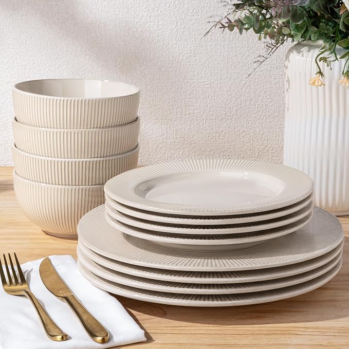 GBHOME Ceramic Dinnerware Sets,12 pcs Embossed Elegant Stoneware Plates and Bowls Sets, Housewarming Wedding Gift | Dishwasher & Microwave Safe | Dishes Set Service for 4