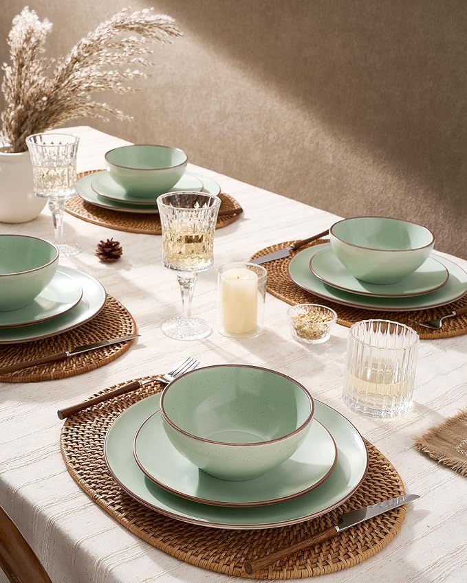 Famiware Venus Plates and Bowls Sets, 18 Pieces Stoneware Speckled Dishes Dinnerware Set for 6, Light Green - Microwave & Dishwasher Safe, Modern Minimalist, for Everyday Meals & Formal Dining