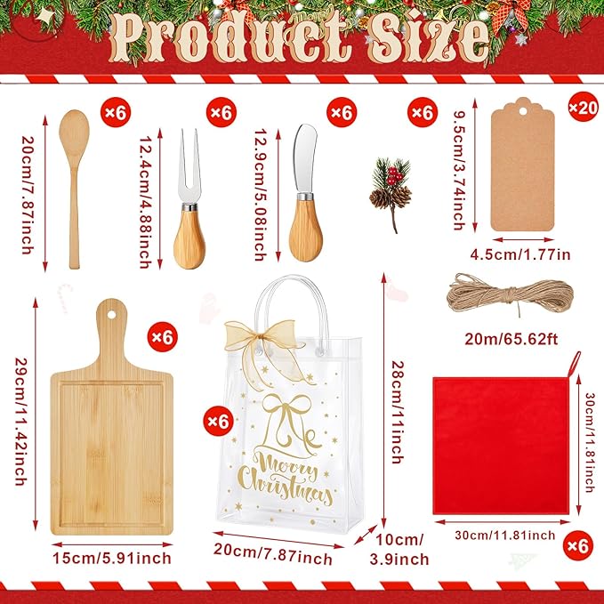 Acellegic 6 Sets Christmas Cheese Cutting Board Gift Set, Bamboo Charcuterie Board with Fork Spoon Knives Towels Bags Tags Ribbon Christmas Kitchen Gifts for Bridal Baby Shower Housewarming Party
