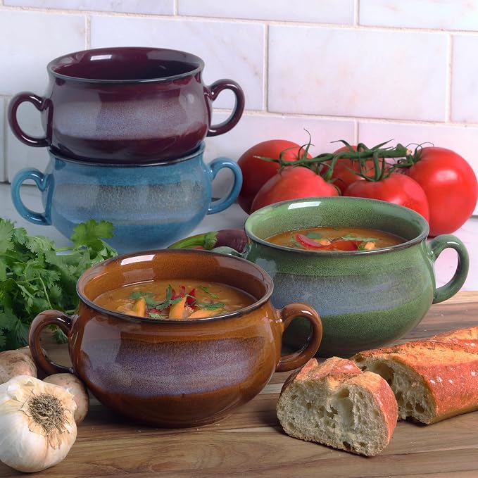 Stoneware 24oz Reactive Glaze Soup Crocks Set of 4: Perfect for soups, stews, and casseroles. Unique reactive glaze, oven-safe, microwave- and dishwasher-friendly with easy-grip handles for serving.