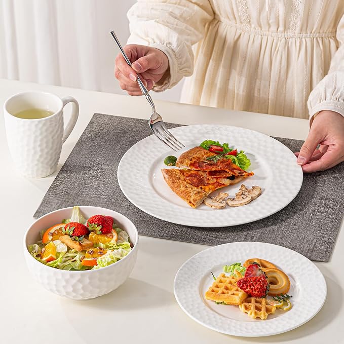 16-Piece Ceramic Dinnerware Set for 4, Water Cube Texture Dishes and Plates Sets, Includes Mugs, Plates and Bowls, Minimalist High-Temperature Reinforced Porcelain, White