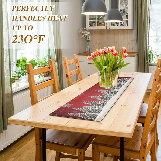 Christmas Trivet Table Runner 40 Inches Long Christmas Trees Snowflakes Print Heat Resistant Hot Pad Multi Purpose Mat for for Hot Pots Pans Kitchen Countertops