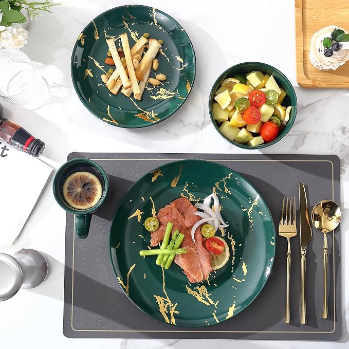 Microwave Safe Porcelain Green and Gold Dinnerware Set for 4 – 16 Piece Stackable Plates and Bowls Sets with Gold Accents
