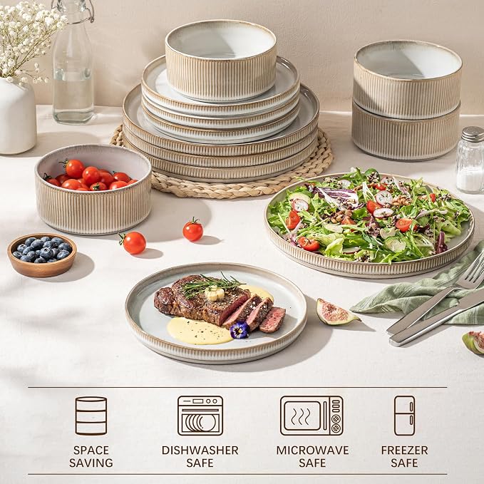 Ceramic Dinnerware Sets for 4-12 Piese Plates and Bowls Set, Microwave and Dishwasher Safe Stoneware, Ribbed Dishes and 22oz bowls, Beige