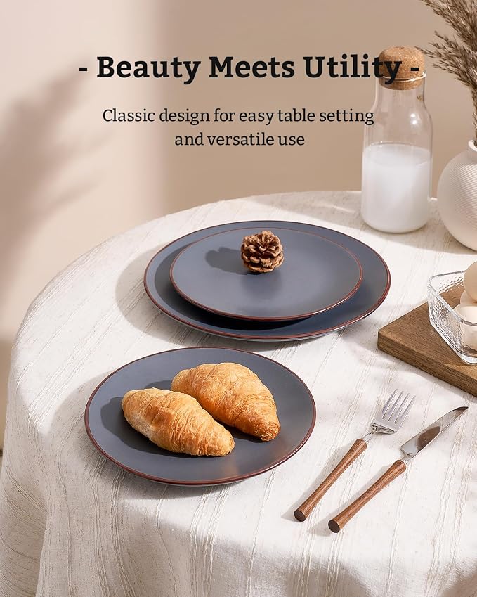 Famiware Venus Plates and Bowls Sets with Trim, 18 Pieces Speckled Stoneware Dinnerware Set for 6, Matte Charcoal - Modern Minimalist, Microwave & Dishwasher Safe Dishes for Everyday & Formal Dining
