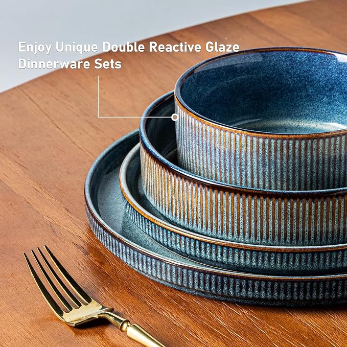 GBHOME 12-Piece Stoneware Dinnerware Set for 4 – Ribbed Ceramic Plates and Bowls, Scratch-Resistant, Microwave & Dishwasher Safe, Reactive Glaze, Ceylon Blue