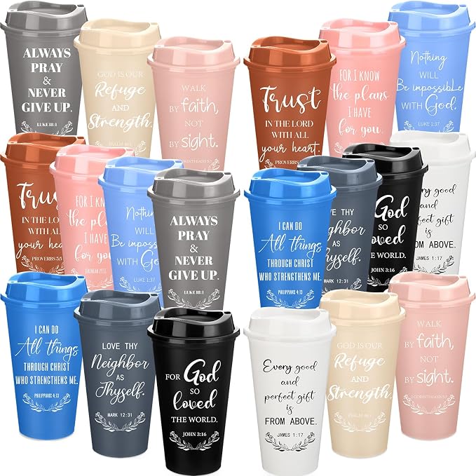 Skylety 40 Pack Bulk Christian Gifts for Men Women 16oz Reusable Bible Verse Tumbler Plastic Coffee Cup with Lid Inspirational Religious Church Gift for Teacher Graduation Party Favor (Morandi Color)