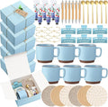 Reallnaive 61 Pcs Baby Shower Prizes for Game Winners Include Ceramic Mug Coaster Hand Cream Pen Spoon Bracelet Hair Clip Card Gift Box with Raffia for Guests Gender Reveal Bridal Shower Party(Blue)