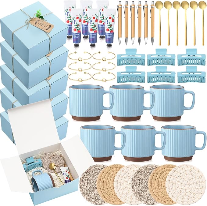 Reallnaive 61 Pcs Baby Shower Prizes for Game Winners Include Ceramic Mug Coaster Hand Cream Pen Spoon Bracelet Hair Clip Card Gift Box with Raffia for Guests Gender Reveal Bridal Shower Party(Blue)