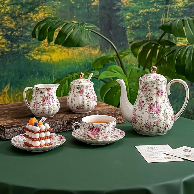 Agyiuns Tea Cup and Saucers, 6.4oz Floral Tea Cups with Gold Trim, Porcelain Teacup, Coffee Cappuccino Espresso Latte Mugs for Party Birthday,Party Cafe Home, Christmas Gift (White)
