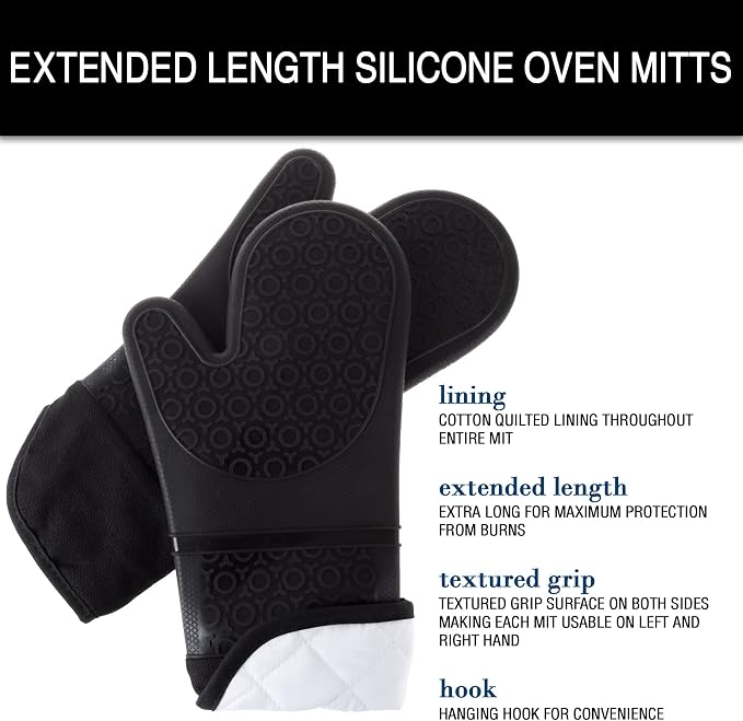 Silicone Oven Mitts – Extra Long Professional Quality Heat Resistant with Quilted Lining and 2-sided Textured Grip – 1 pair Black by Bedford Home