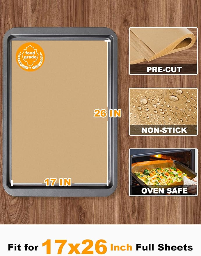 SMARTAKE 200 Pcs Parchment Paper Baking Sheets, 17x26 Inches Non-Stick Precut Baking Parchment, for Baking Grilling Steaming Bread Cup Cake Cookie and More (Unbleached)