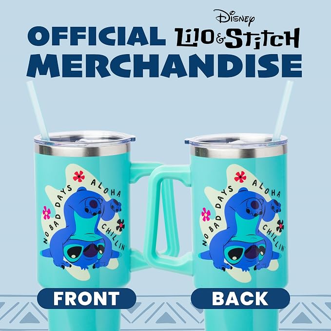 Silver Buffalo Disney Lilo and Stitch Aloha No Bad Days Chillin’ Double Walled Stainless Steel Tumbler with Handle and Straw, Fits in Standard Cup Holder, 40 Ounces