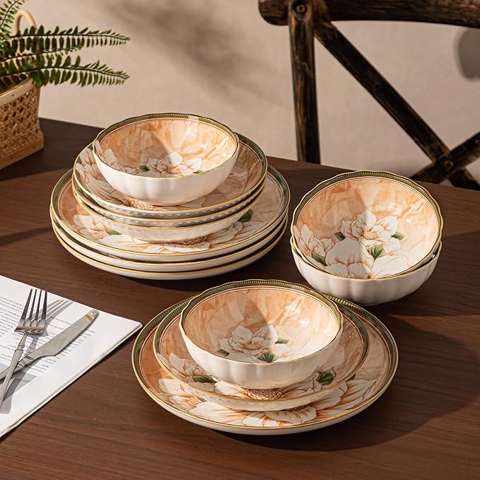 12 Pcs Service for 4 Ceramic Dinnerware Set, Elegant Camellia | Thanksgiving Dinner, Vintage Table Deco, Stackable Porcelain Plates and bowls, Microwave & Dishwasher Safe