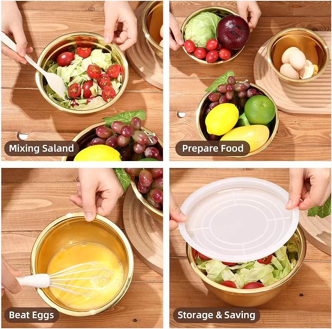 Baderke 7 Pcs Gold Kitchen Accessories Includes Stainless Steel Colander with Handles, 3 Gold Mixing Bowls with Airtight Lids and 3 Fine Mesh Strainer(Colander: 5 Qt, Mixing Bowls: 1.5/2/3 Qt)