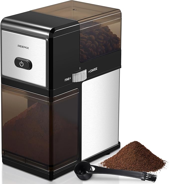 Electric Burr Coffee Grinder, Reemix Automatic Flat Burr Coffee for French Press, Drip Coffee and Espresso, Adjustable Burr Mill, Black+Silver