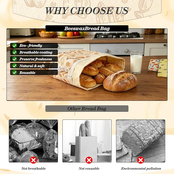 2-Pack Beeswax Bread Bags for Sourdough & Homemade Bread，Reusable Cotton Storage Bags，Extra Large Airtight Food Keeper to Keep Fresh