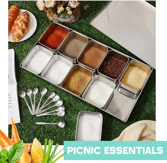 Boao 10 Compartment 304 Yakumi Pans Stainless Steel Seasoning Condiment Container with Lids Spoons, Japanese Yakumi Pans Mini Sauces Salad Dressings Storage for Food, Herbs, Spices