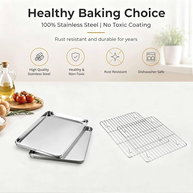 Onader Small Baking Cookie Sheet with Rack Set of 2, Stainless Steel 1/8 Sheet Pans for Baking, 9¼ x 7 Inch Metal Toaster Oven Tray with Cooling Rack, 2 Pans + 2 Racks