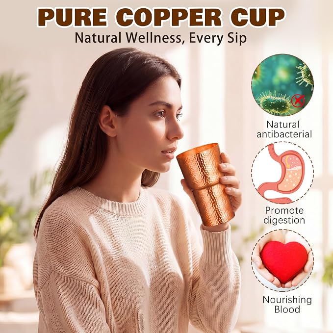 Willinglong 1 Pcs 100% Pure Copper Tumblers 24 oz Handcrafted Hammered Copper Cups, Ayurvedic Drinking Vessel for Family Health Water, Cocktails, Iced Tea Glasses (Novel)