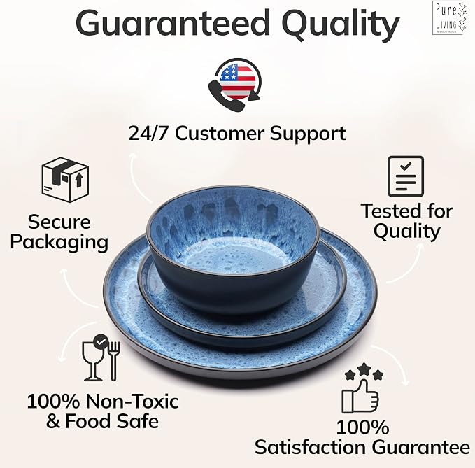 24 Piece Stoneware Dinnerware Set for 8 - Handmade Reactive Glaze Plates and Bowls Set - Chip & Scratch Resistant Dish Set - Dishwasher Microwave Safe - Deep Blue