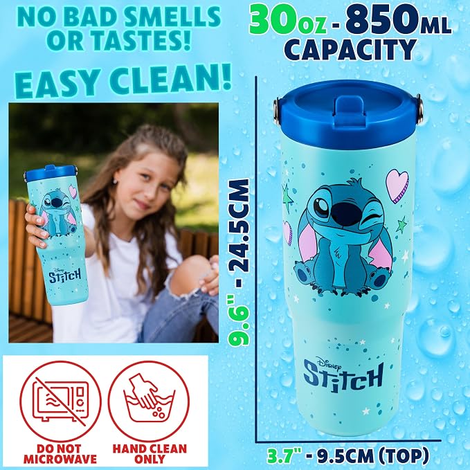 Get Trend Disney Stitch Tumbler with Straw 30oz Kids Teens Insulated Cup with Lid Handle Travel Mug Cups with Lids for School Sports Gifts for Kids (Blue Stitch)