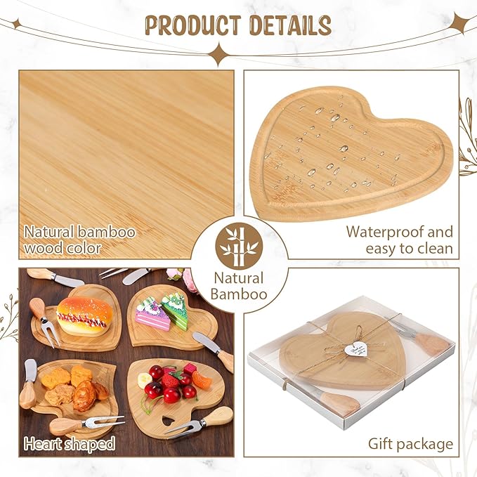 Nuogo 16 Set Wedding Bridal Shower Cheese Board Party Favors Wooden Mini Charcuterie Boards and Knives Set with Thank You Tags Bamboo Board Gifts for Guests Valentine Bridal Birthday Party(Heart)