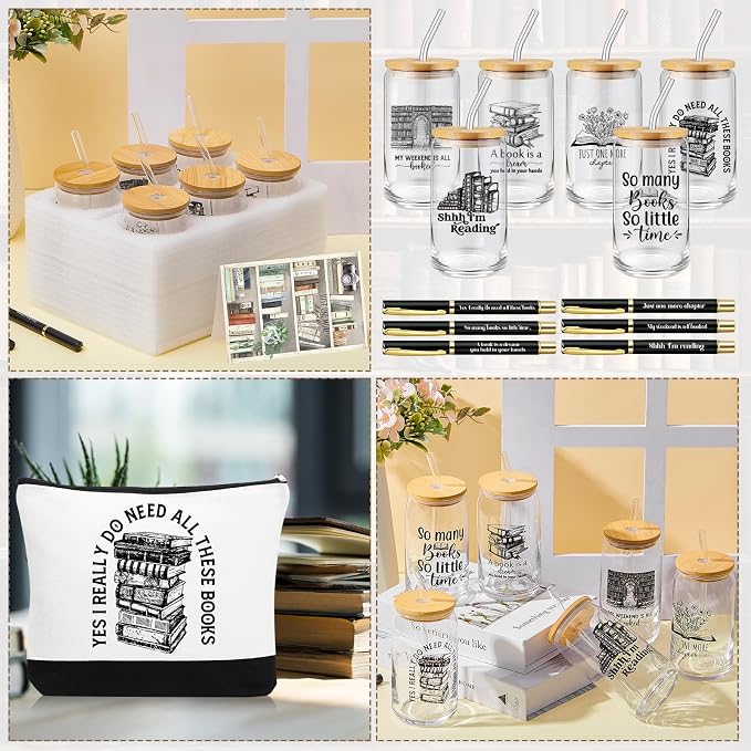 24 Pcs Books Club Gifts Book Lovers Gifts for Women Blind Date with a Read Include 16 oz Glass Cup Canvas Makeup Bag Ballpoint Pen Card for Librarian Reader Bookish Teacher