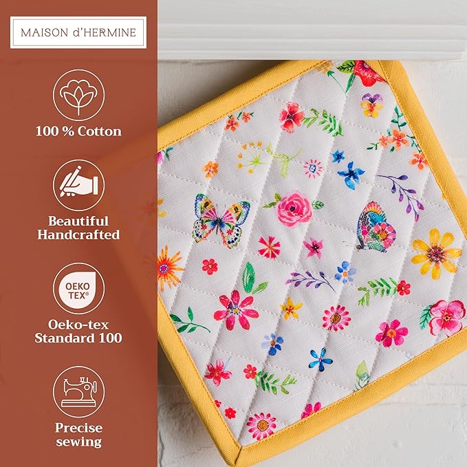 Maison d' Hermine Pot Holders 100% Cotton Heat Resistant Potholders 8" x 8" Hot Pads with Loop Baking Gifts for Mothers Day Handling Hot Pans Spring/Summer (Pack of 2, Happy Florals - Sweety)