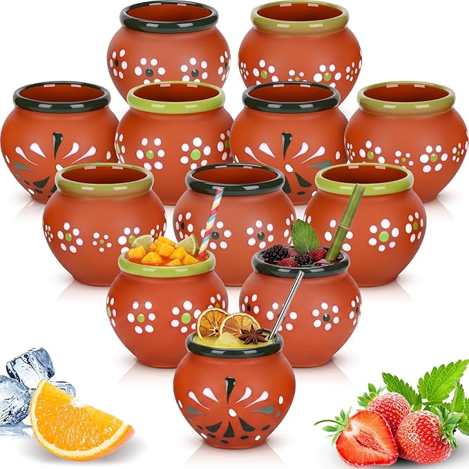 Gejoy 12 Pcs 3oz Cantaritos De Barro Shot Mini Clay Cups Jarritos De Barro Mexicanos Taco Cocktail Glasses for Tequila, Margaritas, Mojitos, Mojitos Cold Hot Drinks (Petal)