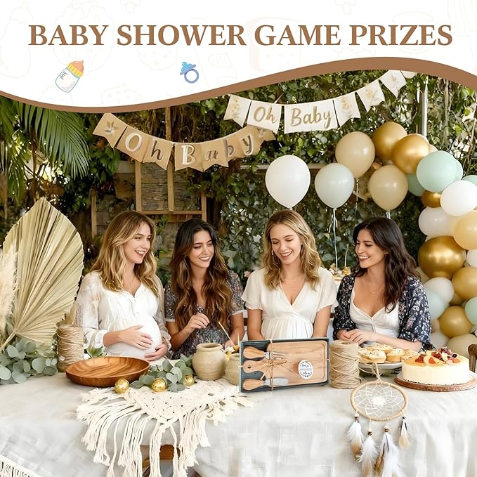 Ziliny 1 Set Bridal Baby Shower Cheese Prizes Wooden Square Board Gift Set Knives Forks Thank You Tags with Box for Guests for Valentines Bridal Baby Shower Housewarming (Maple Wood)