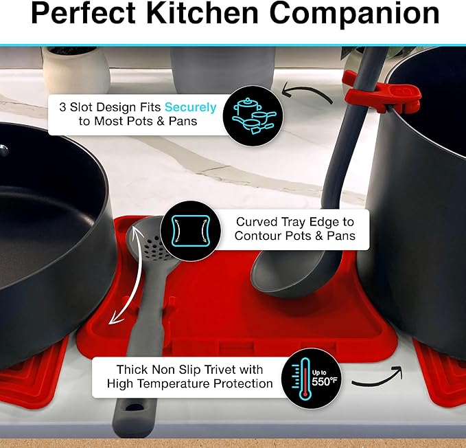 Nottadrip Silicone Spoon Rest for Stove Top - Kitchen Spoon Rest for Countertop, Ladle Holder, All in 1 Serving Station, Elevate Handles, Drip to Tray, Mess Free - 5PC Trivet Set - Red