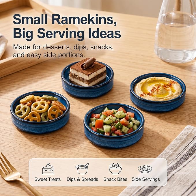 ONEMORE Creme Brulee Ramekins 4 oz Ceramic Ramekin Set of 14, Oven Safe Baking Ramekins, Small Sauce Dishes, Stackable Blue Custard Cups, Dishwasher Microwave Safe